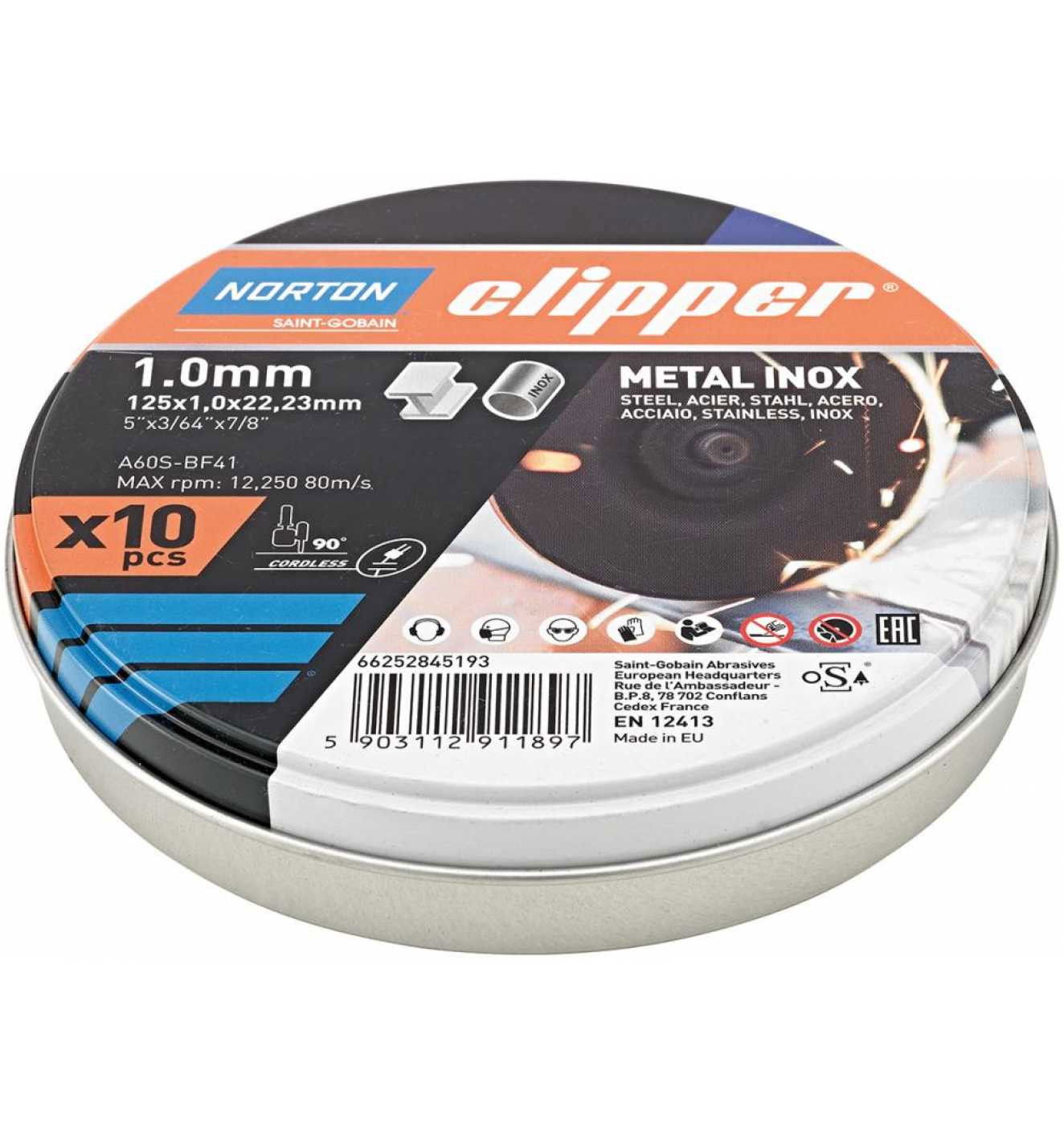 Norton Clipper fém-inox vágókorong 10 db fémdobozban 125x1,0x22,23mm A60S, 10 db/csomag termék fő termékképe